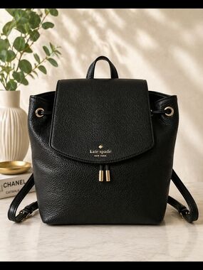 kate spade New York Black Pebbled Leather Mini Backpack Gold Hardware First Edit